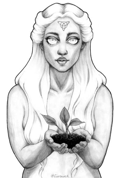 Drawing of Anu holding soil and a sapling in her cupped hands