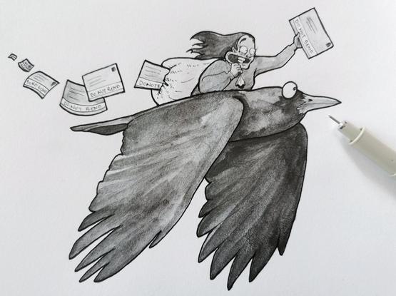 Cartoon of myself holding a sack of large envelopes on the back of a giant rook, flying at speed. The envelopes are spilling out of a tear in the bag.