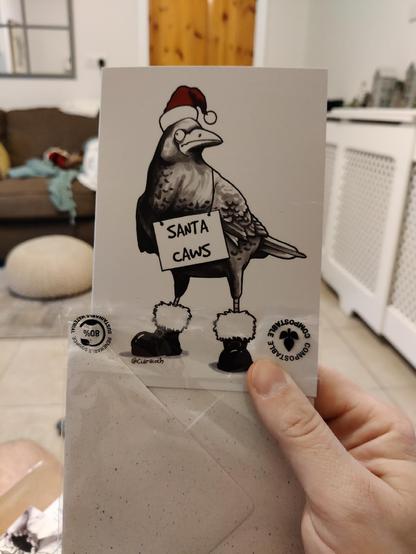 A bonus Christmas card of a cartoon style crow that is labelled "Santa caws" 