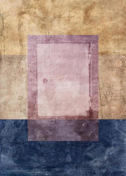 A portrait format artwork: A weathered door appears at the center, set against a background of textured paper surfaces in muted tones - blue, sandy beige and dusky pink. The composition blends a mix of abstract geometric shapes and has a "worn and weathered" distressed vintage aesthetic. What happens when you step through the door?