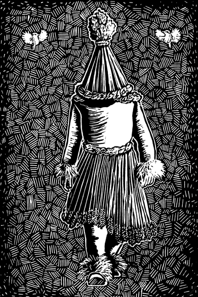 Digital copy of the original linocut print of the strawboy design (black and white, crosshatched background, featuring someone wearing the straws, with a wren on each side)