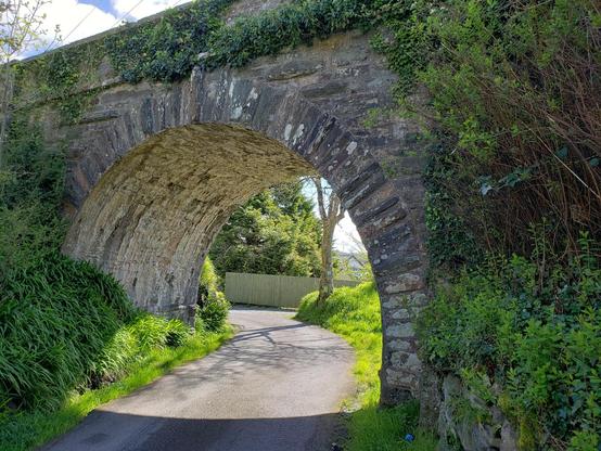 Ballydehob, West Cork. A stone bridge with a pebble path and many green elements--weeds, bushes. Sunlight is coming through the tunnel.