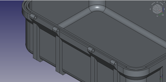 Another isometric image of a rugged housing, possibly suitable for some electronics. Close up of some details for a hinge.