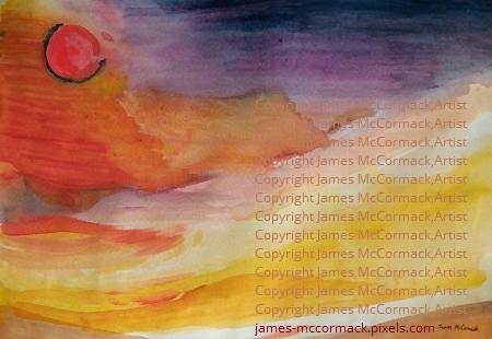G.
Desert Dusk
An acrylic painting on paper of the sun over the desert in yellow and red.