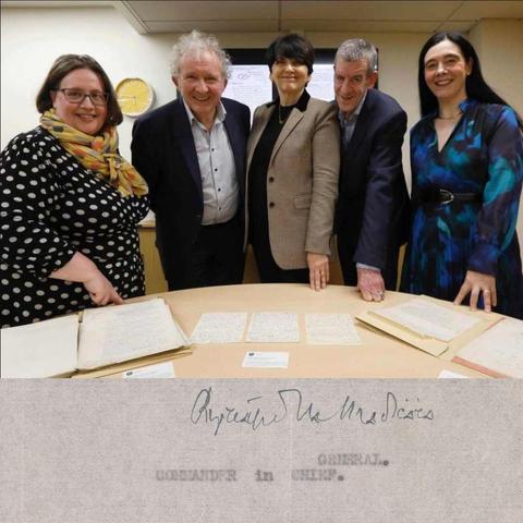L to R: Kate Manning, Principal Archivist, Richard Mulcahy, grandson, Prof. Orla Feely, President UCD, Prof. Diarmaid Ferriter, Professor of Modern Irish History, UCD, Dr Sandra Collins, University Librarian.


