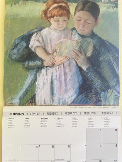 An illustration of a nurse reading to a young girl, depicted in soft, pastel colors. The artwork is titled "Nurse Reading to a Little Girl" by Mary Stevenson Cassatt, dated 1895. Below the image is a calendar for February