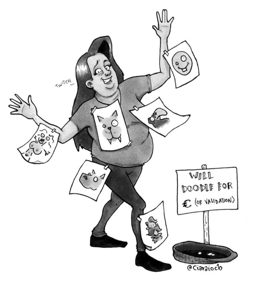 Cartoon of yours truly with bad drawings taped to her, next to an upturned hat with a sign that reads WILL DOODLE FOR € (or validation)