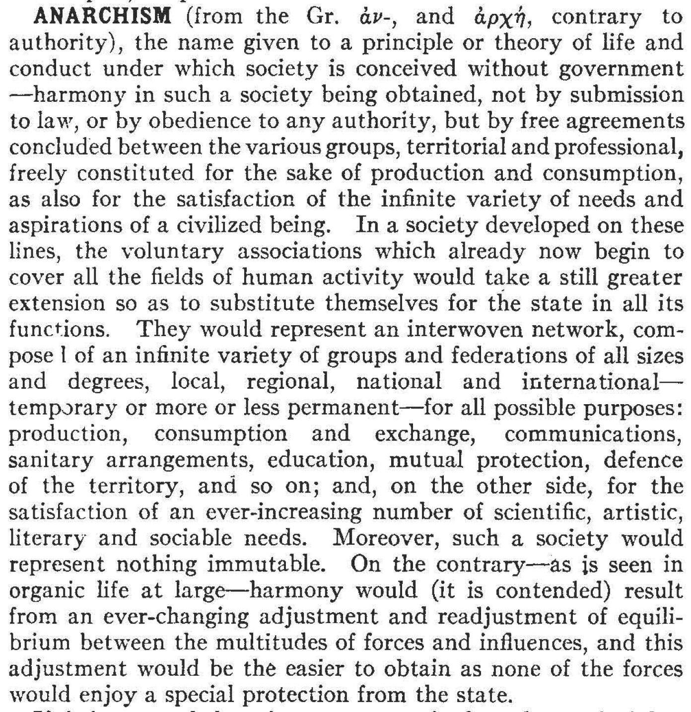 Screenshot of the first paragraph of the article on anarchism to the eleventh edition of the Encyclopædia Britannica (1910-1911) written by Pyotr Alexeyevich Kropotkin.