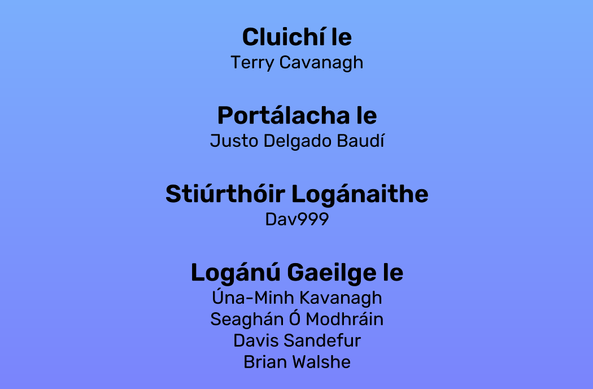 A screenshot of the credits in Terry's Other Games in the Irish language.
