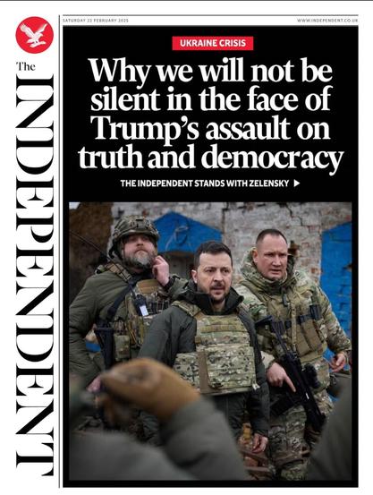 The image is a newspaper editorial page dated Saturday, February 22, 2025. The main headline reads, "It is time to stand up to the bully in the White House." The editorial discusses the political situation involving Ukraine and criticizes the actions of the U.S. President, Volodymyr Zelensky, stating that he is not a dictator and that Ukraine did not start the war. The article emphasizes the rights of the Ukrainian people.

The page also includes a political cartoon depicting two figures on a stage. One figure, resembling Vladimir Putin, is holding a sign that says, "FROM RUSSIA WITH LOVE," while the other figure, resembling Volodymyr Zelensky, is being controlled like a puppet. The caption above them reads, "THE NAME'S GOND... BROKEN GOND!!" and the background sign says, "FRANCHISE UNDER NEW CONTROL..."

The newspaper's logo, featuring an eagle, is also visible on the page.