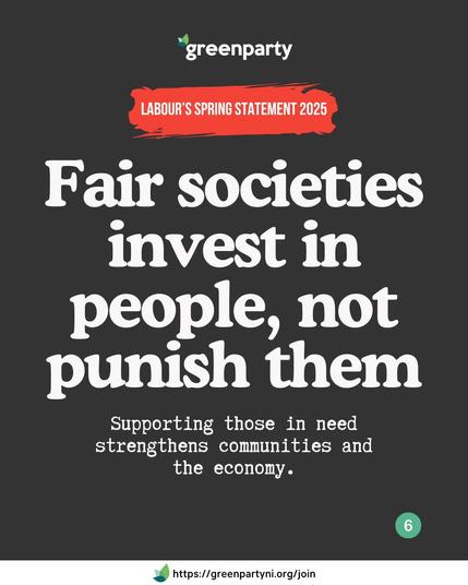 Green Party political poster from Northern Ireland advocating for social support. Large white text reads 'Fair societies invest in people, not punish them' on a dark grey background. A red banner at the top reads 'LABOUR'S SPRING STATEMENT 2025'. Smaller text below the main headline explains 'Supporting those in need strengthens communities and the economy'. Green Party logo is at the top left, with a membership join link at the bottom of the image.