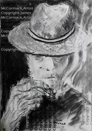 Panama Hat.
G.
by
James McCormack.
Drawing - Charcoal On Paper.

Man in a Panama hat, smoking a cigarette, eyes hidden under the brim, smoke rising.