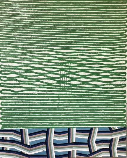 Image: John Noel Smith: Obstacle course for a pragmatist, 2024, oil on canvas, 175x 135 cm | abstract, patterned painting; the top 80% of the painting is a series of army-green horizontal lines against a near-white background – in fact, it is one line that crosses back and forth across the canvas; towards the middle of the canvas it gets a bit more curvy and wobbly, and at one point it dribbles paint downwards in multiple thin streams; the remaining 20%, at the bottom of the canvas, depicts interwoven jagged vertical and horizontal lines, each line itself being composed of five lines, from very dark blue through tan, army green and pale grey to white; all against a blue-grey background • “More information to follow.”