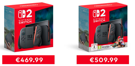 A Nintendo Switch 2 priced at €469.99.

A Nintendo Switch 2 with Mario Kart World preïnstalled priced at €509.99

(Both cost more euros than dollars)