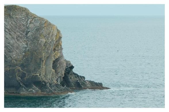 The west end of the island falls sharply to the grey blue sea, just beyond, zoom in, a Basking Shark fin is visible at the surface. 