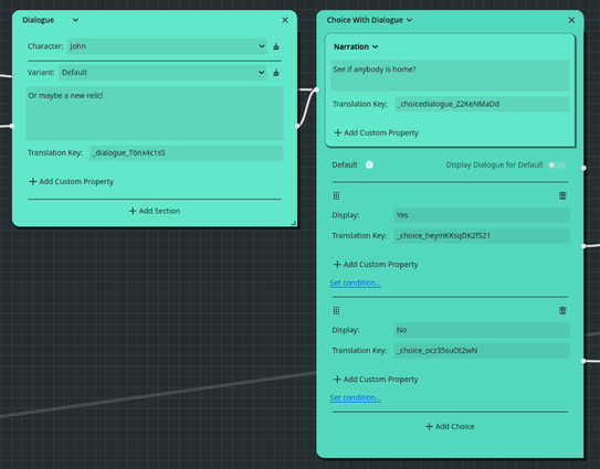 The old style of the dialogue and choice nodes, as they were when I used them during the Ludum Dare. There is a lot more padding and additional controls.