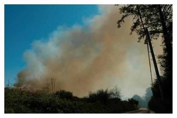 Flames and billowing smoke lifted by the winds over the hedgerows and road to Schull. 