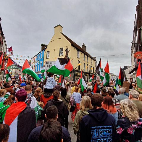 A crowd of people in Galway city marching with Palestinian flags