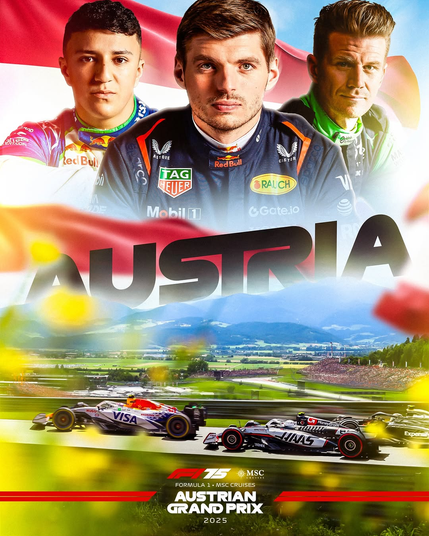 Formula 1 Promotion poster for the Austrian Grand Prix.
(L-R) Isack Hadjar (RB), Max Verstappen (Red Bull) and Nico Hülkenberg (Kick Sauber)