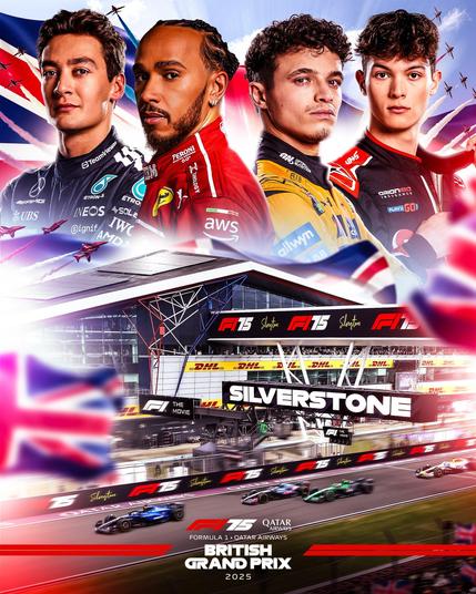 Formula 1 Promotion poster for the British Grand Prix.
(L-R) George Russel (Mercedes), Lewis Hamilton (Ferrari), Lando Norrish (McLaren), Oliver Bearman (Haas)