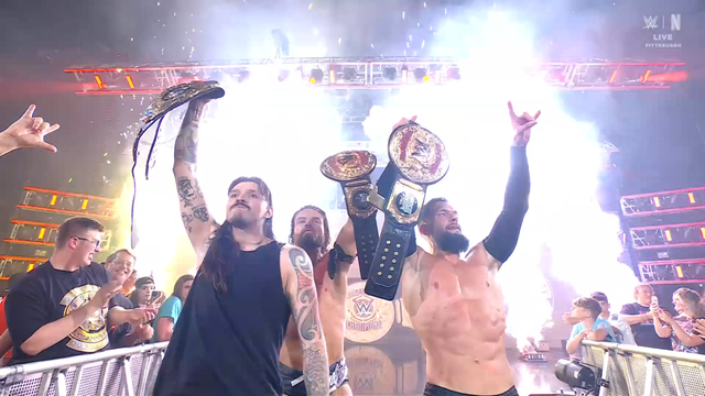 WWE Intercontinental Dominik Mysterio and the new WWE World Tag Team Champions JD McDonagh and Finn Bálor 