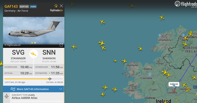 Screenshot of Flightrader of a German Air Force plane travelling from Stavanger in Norway to Shannon in Ireland. 