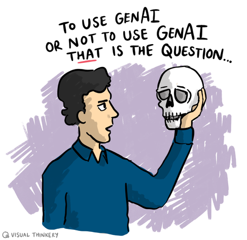 Cartoon, a man holds a human skull to his eye-level and says "To use GenAI or not to use GenAI that is the question..." 