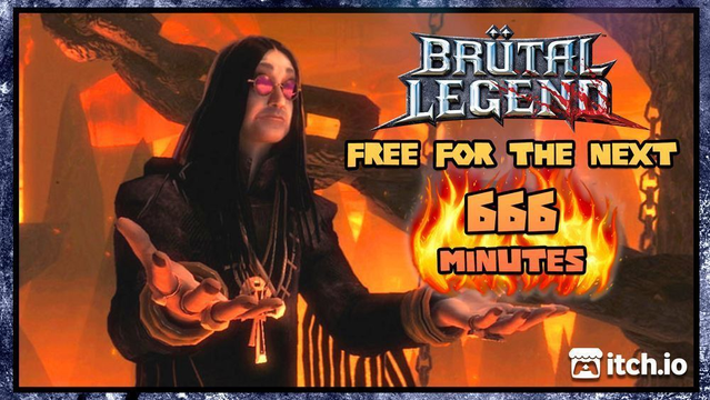 An image for Brutal Legend. The caption has "free for the next 666 minutes" with the itch.io logo on it. 