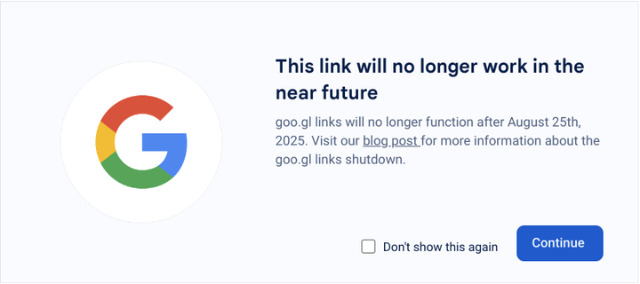 This link will no longer work in the
near future

goo.gl links will no longer function after August 25th, 2025. 
Visit our blog post for more information about the
goo.gl links shutdown.
