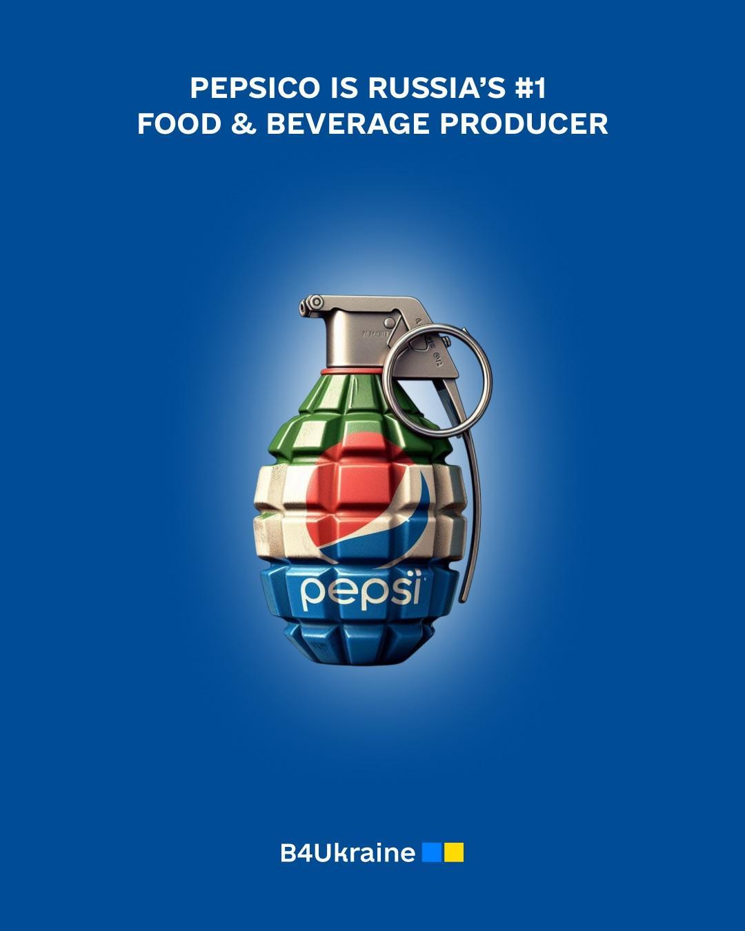 The image is a graphic design featuring a grenade made up of Pepsi cans. The grenade is composed of various colored segments, with the Pepsi logo prominently displayed in the center. The background is a solid blue color. At the top of the image, there is text that reads, "PEPSICO IS RUSSIA'S #1 FOOD & BEVERAGE PRODUCER." At the bottom of the image, there is a logo and text that reads "B4Ukraine" with the Ukrainian flag colors. The overall design appears to be a commentary on PepsiCo's business operations in Russia amidst the context of the Ukraine conflict.