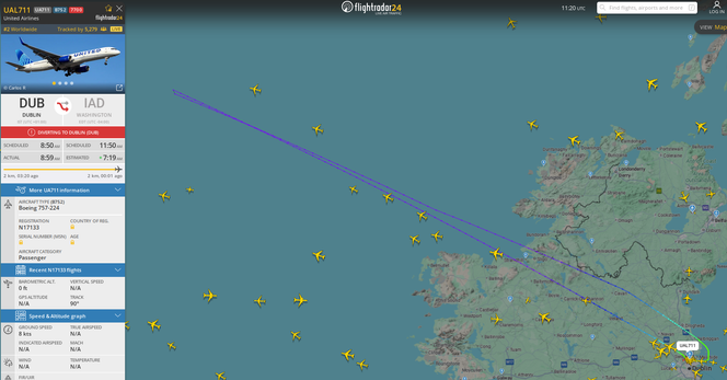 Image of FlightRadar24 showing United flight UAL711 going from Dublin to Washington, getting out into the Atlantic before diverting back to Dublin for an emergency. 