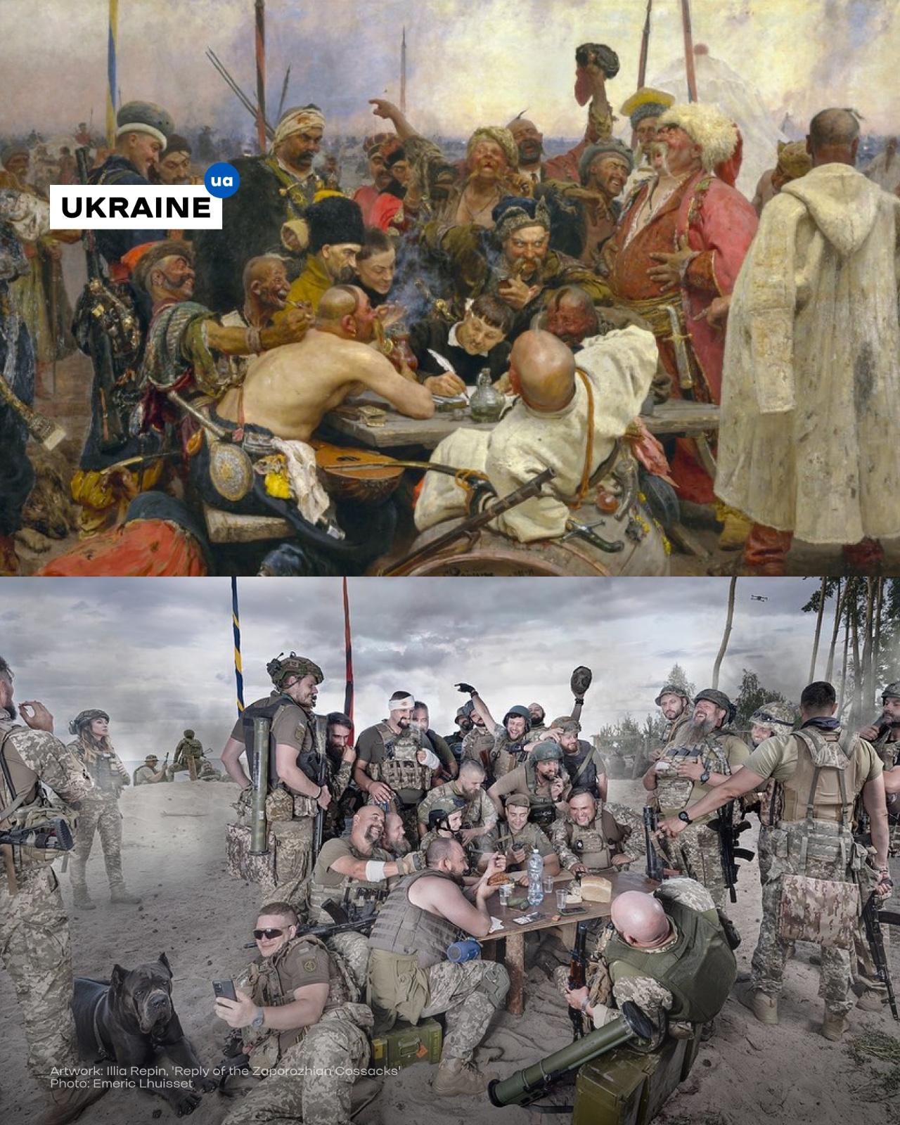 The image is a striking juxtaposition of two artworks, both centered around the theme of Ukrainian Cossacks: **Top Image:** This is a famous painting titled "Reply of the Zaporozhian Cossacks&quot; by Ilya Repin, created between 1880 and 1891. The <br />painting depicts a group of Zaporozhian Cossacks, who are writing a letter in response to a demand by the Ottoman Sultan. The scene is lively and filled with a sense of camaraderie and defiance, capturing the Cossacks' spirit and humor. **Bottom Image:** <br />This is a modern photograph recreating the scene from Repin's painting. It features contemporary Ukrainian soldiers, dressed in modern military gear, mimicking the poses and expressions of the Cossacks in the original artwork. The photograph is titled <br />&quot;Reply of the Zaporozhian Cossacks&quot; and was taken by Emeric Lhuisset. It serves as a tribute to the historical painting and highlights the enduring spirit of resistance and unity. Both images emphasize the cultural and historical significance of <br />the Cossacks in Ukraine, bridging the past and present.