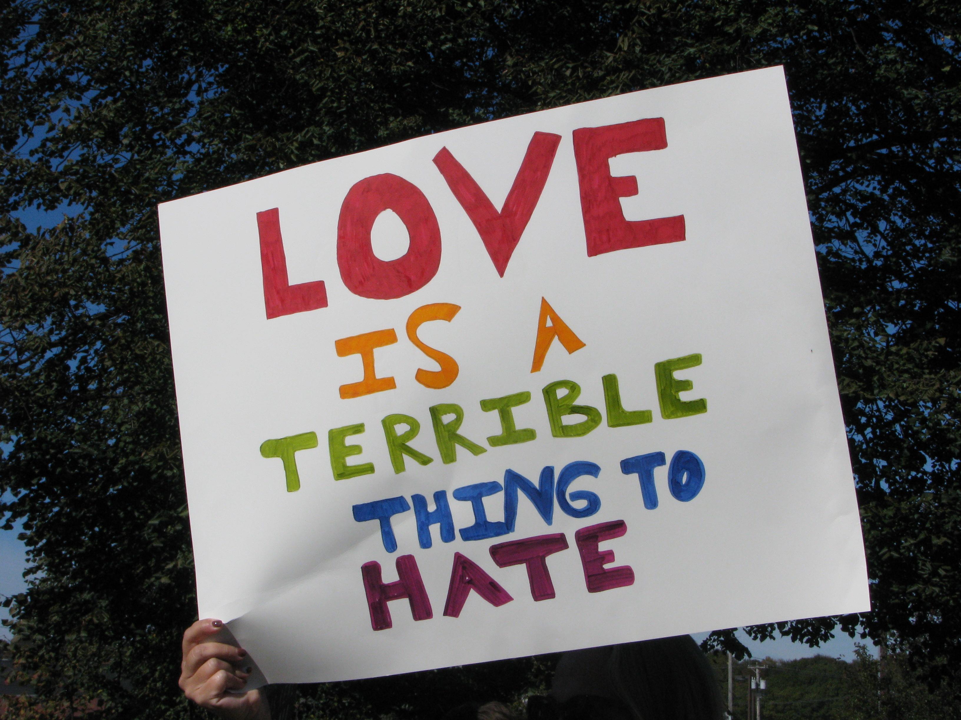 A protest sign that reads "Love is a terrible thing to hate". Each line is a different color.
