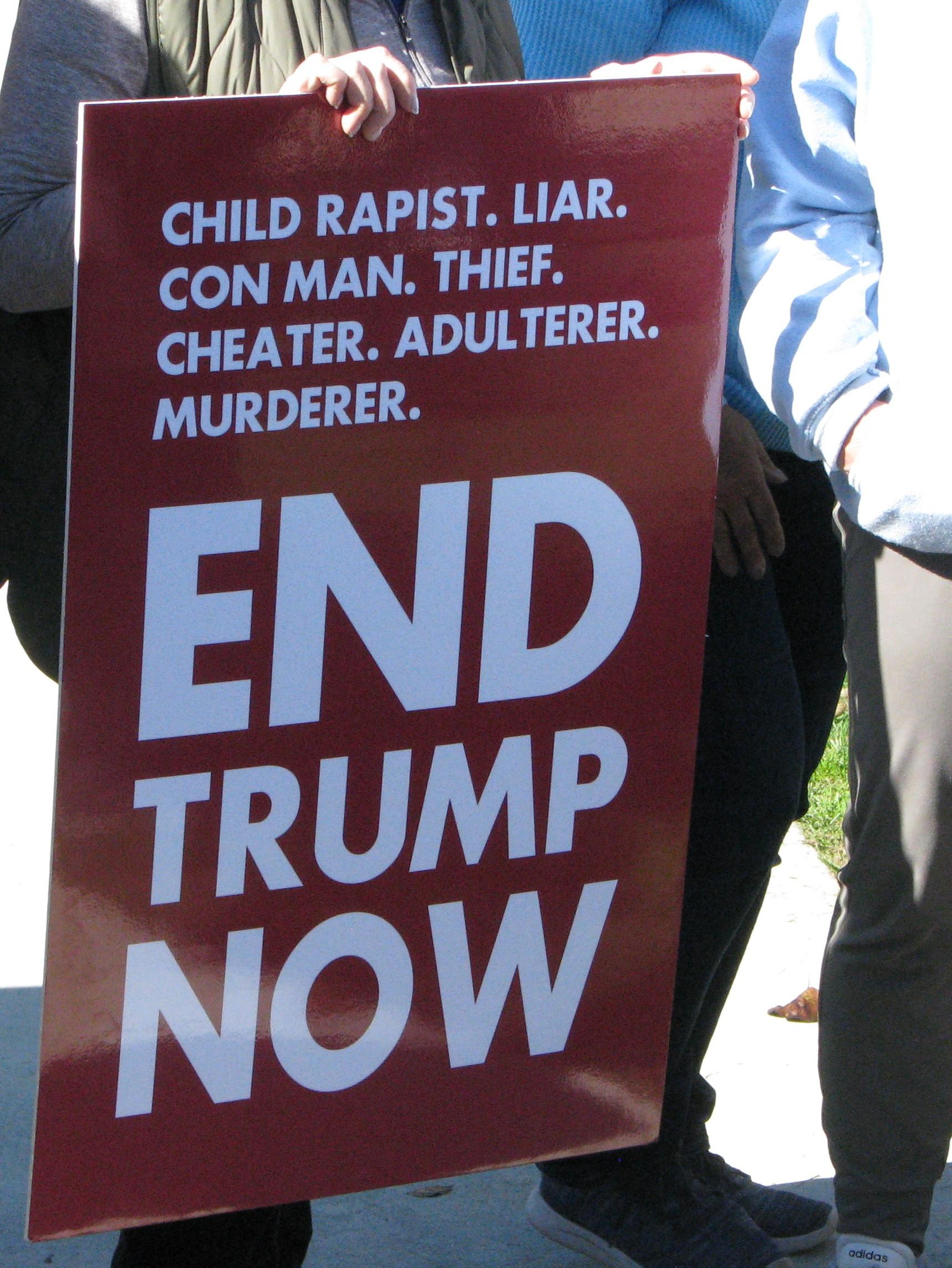 Protest poster, white text on red background, which reads "Child rapist. Liar. Con man. Thief. Cheater. Adulterer. Murderer. End Trump now"