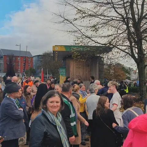 Catherine Connolly talking with people on the streets of Galway City.