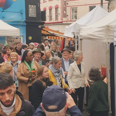 Catherine Connolly talking with people on the streets of Galway City