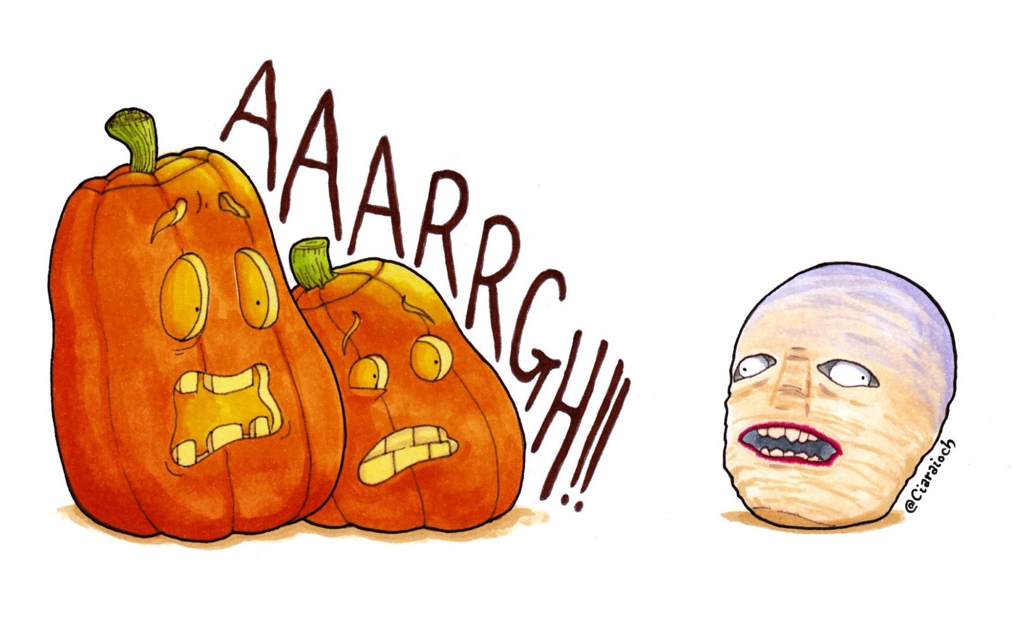 Cartoon of two pumpkins screaming in terror beside the traditional Irish Samhain carved turnip