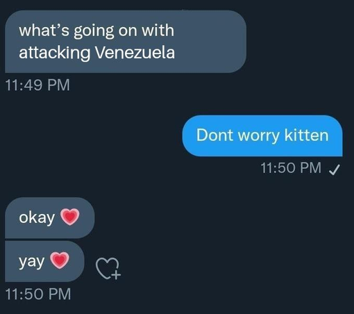 A text conversation.

Person A: "what's going on with attacking Venezuela"
Person B: "Dont worry kitten"
Person A: "okay 💗"
Person B: "yay 💗"