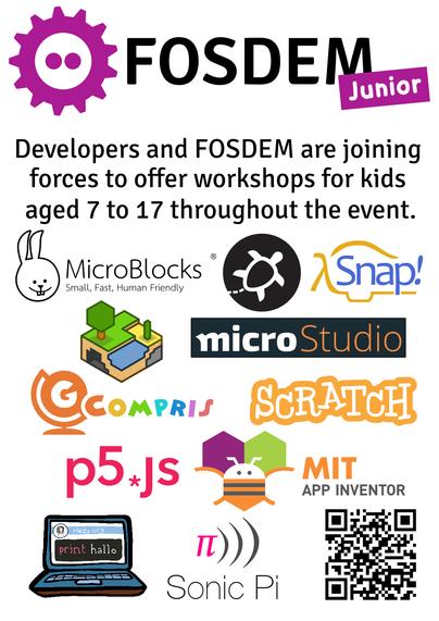A poster for FOSDEM Junior activities showing the icons of the developers that will be involved - Micro blocks, Turtlestitch, Snap!, Microstidio, Compris, Scratch, App Inventor, p5.js, Sonic Pi