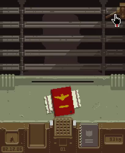 A GIF of the indie video game, "Papers, Please"
The GIF shows a passport and an entry permit on a desk of a passport control checkpoint.
There is a shutter that opens to reveal a man.
There is a banner and a certificate behind him
Bottom left is an analogue clock and the date "82.12.06" where the game is set in 6th December 1982
On the opposite side shows the weight of the person that is at the booth, being 93kg. This is important for the game play as if their permit shows a lower weight, …