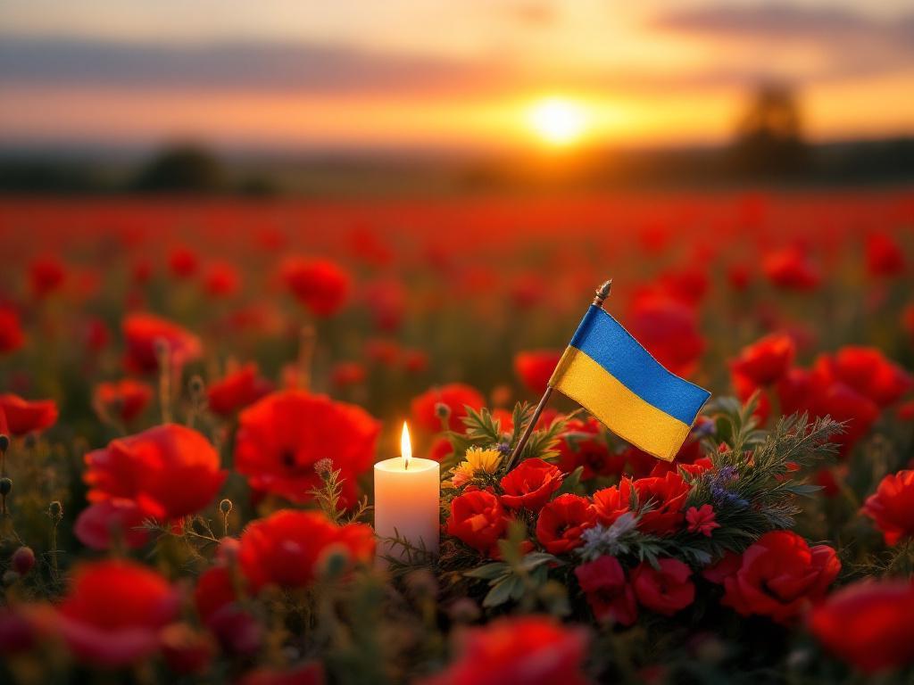 Sunrise over a field of red poppies with a lit candle, Ukrainian flag, and traditional vinok (flower wreath), symbolizing remembrance and honor for Ukraine’s fallen heroes. Peaceful and hopeful atmosphere