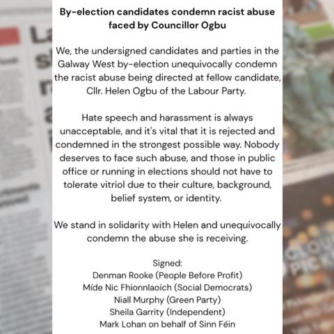 Joint letter condemning the racist abuse directed at Cllr Helen Ogbu (Labour). Co-signed by Denman Rooke (PBP), Míde Níc Fhionnlaoich (SocDems), Niall Murphy (Greens), Sheila Garrity (Independent), and Mark Lohan (Sinn Féin).
