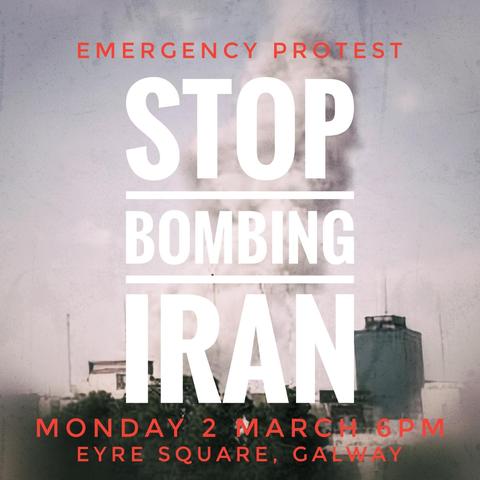 Graphic for protest announcement. Monday 2 March 6pm. Eyre Square, Galway.