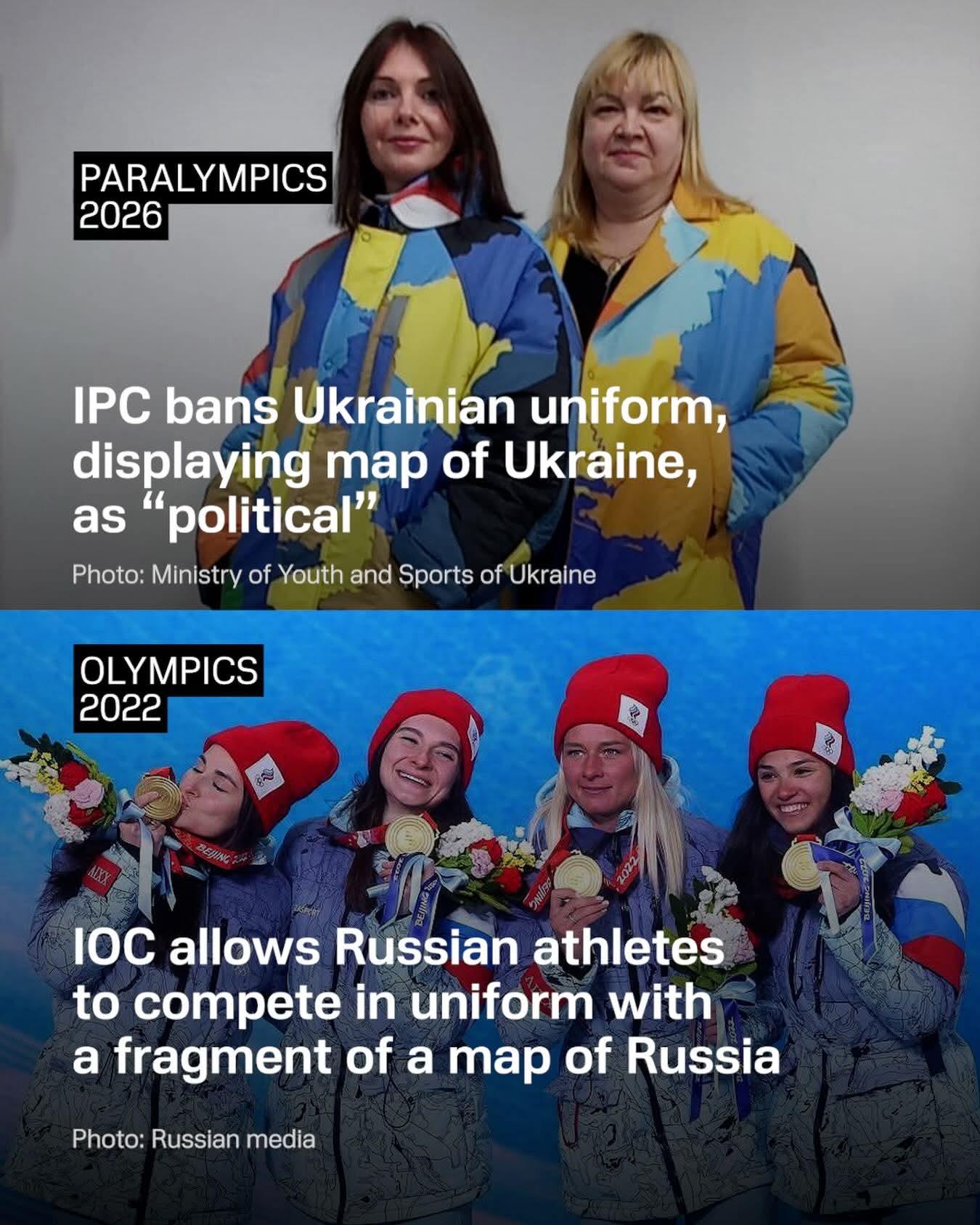 Collage showing two contrasting events: Top (2026 Paralympics) features Ukrainian athletes in uniforms with a map of Ukraine, banned by IPC as 'political' (Source: Ministry of Youth and Sports of Ukraine). Bottom (2022 Olympics) shows russian athletes in uniforms with a fragment of a map of russia, allowed by IOC (Source: russian media).