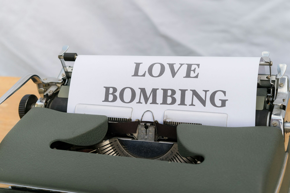 An old style mechanical typewriter in an army green colour, with a sheet of paper with "Love Bombing" written on it. 