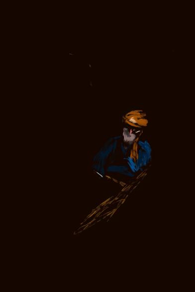 An oil painting. Out of a mostly dark background and old man in a flat cap with a big white beard is dozing.