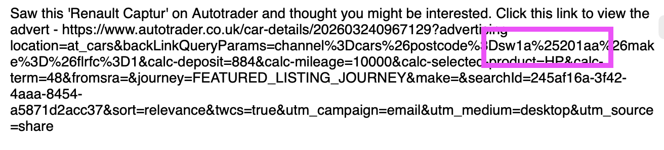 An autotrader.co.uk link to one of its ads at random, showing SW1A 1AA as the postcode.
