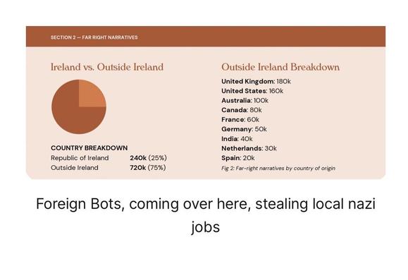 SECTION 2 - FAR RIGHT NARRATIVES
Ireland vs. Outside Ireland
COUNTRY BREAKDOWN
Republic of Ireland
Outside Ireland
240k (25%)
720k (75%)
Outside Ireland Breakdown
United Kingdom: 180k
United States: 160k
Australia: 100k
Canada: 80k
France: 60k
Germany: 50k
India: 40k
Netherlands: 30k
Spain: 20k
Fig 2: Far-right narratives by country of origin
Foreign Bots, coming over here, stealing local nazi
jobs