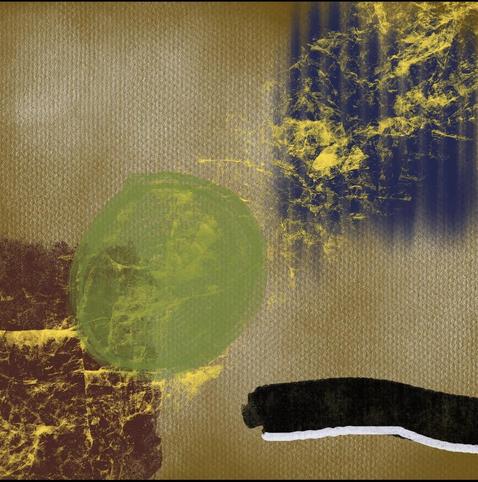 An abstract picture where a set of different coloured geometric 2D shapes are assembled around a golden painted diagonal.