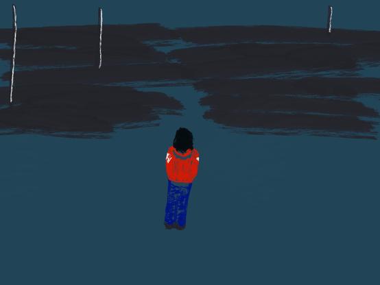 A figure in a red top stands with its back to the viewer while paths and mudflats stretch out ahead and around it.